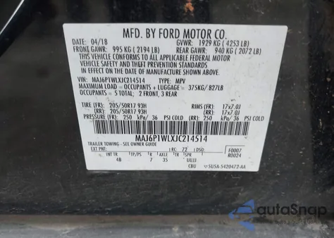 2018 Ford Ecosport Titanium from USA, damaged, VIN MAJ6P1WLXJC214514